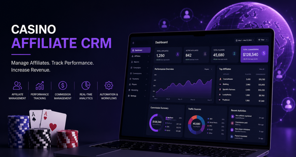 Casino Affiliate CRM dashboard displayed on a modern laptop with affiliate management, commission tracking, real-time analytics, and performance reporting for iGaming and online casino operators.