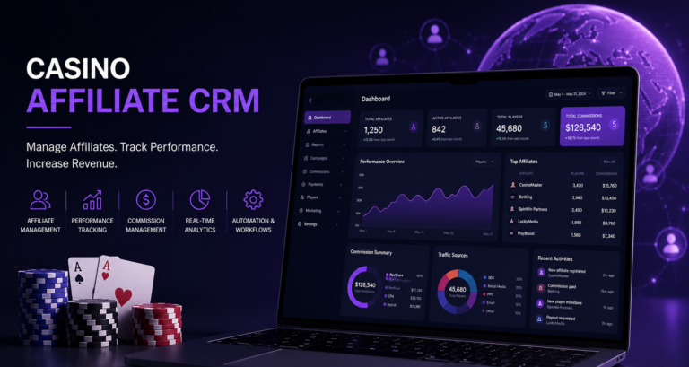Casino Affiliate CRM dashboard displayed on a modern laptop with affiliate management, commission tracking, real-time analytics, and performance reporting for iGaming and online casino operators.